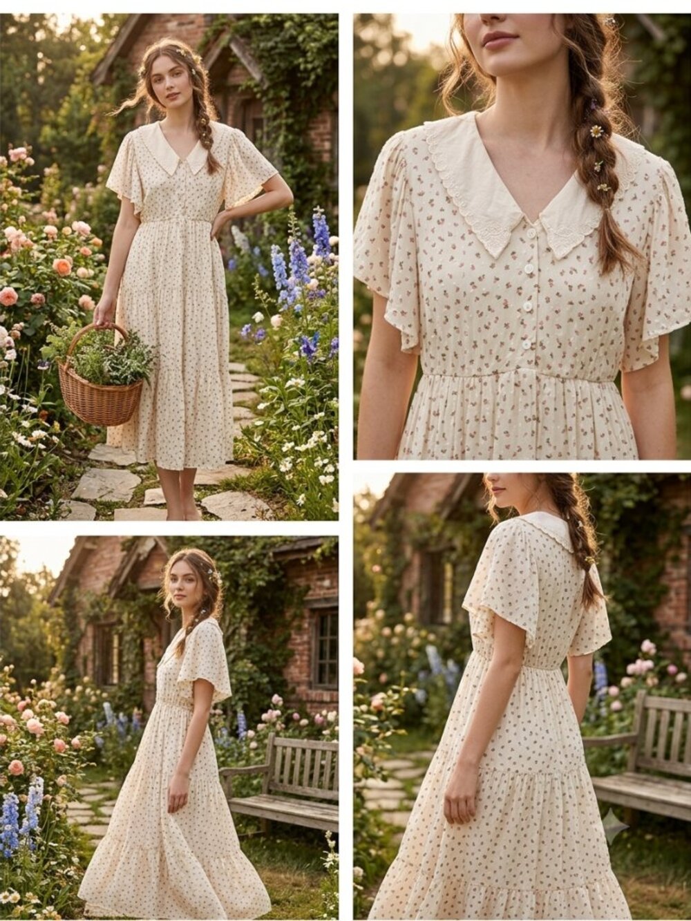 CH Cottagecore Floral Tiered Midi Dress Peter Pan Collar Flutter Sleeve Medium